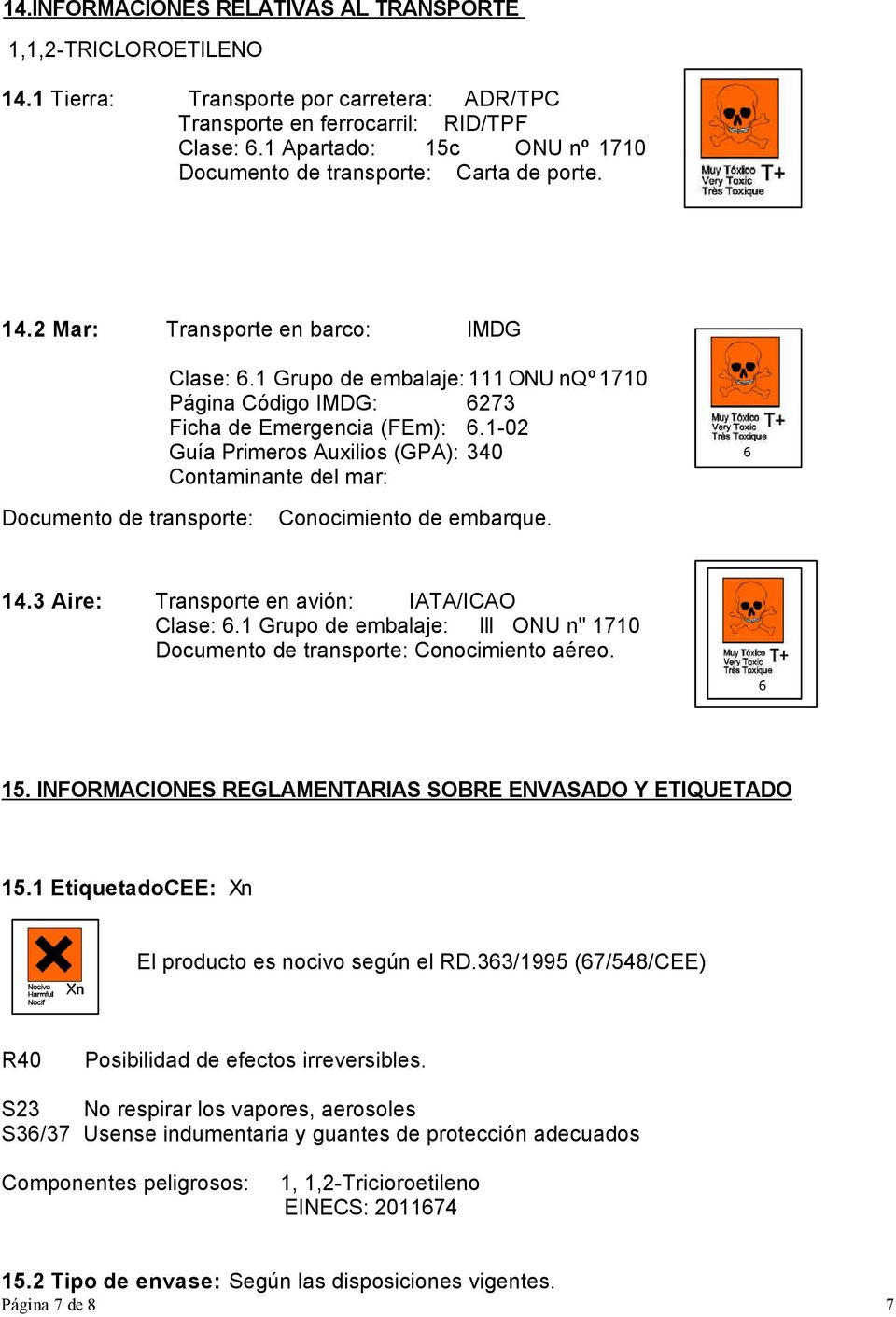1 Grupo de embalaje: 111 ONU nqº1710 Página Código IMDG: 6273 Ficha de Emergencia (FEm): 6.