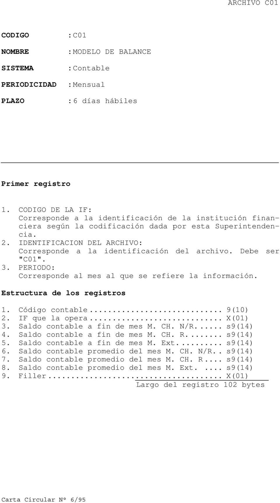 IDENTIFICACION DEL ARCHIVO: Corresponde a la identificación del archivo. Debe ser "C01". 3. PERIODO: Corresponde al mes al que se refiere la información. Estructura de los registros 1.