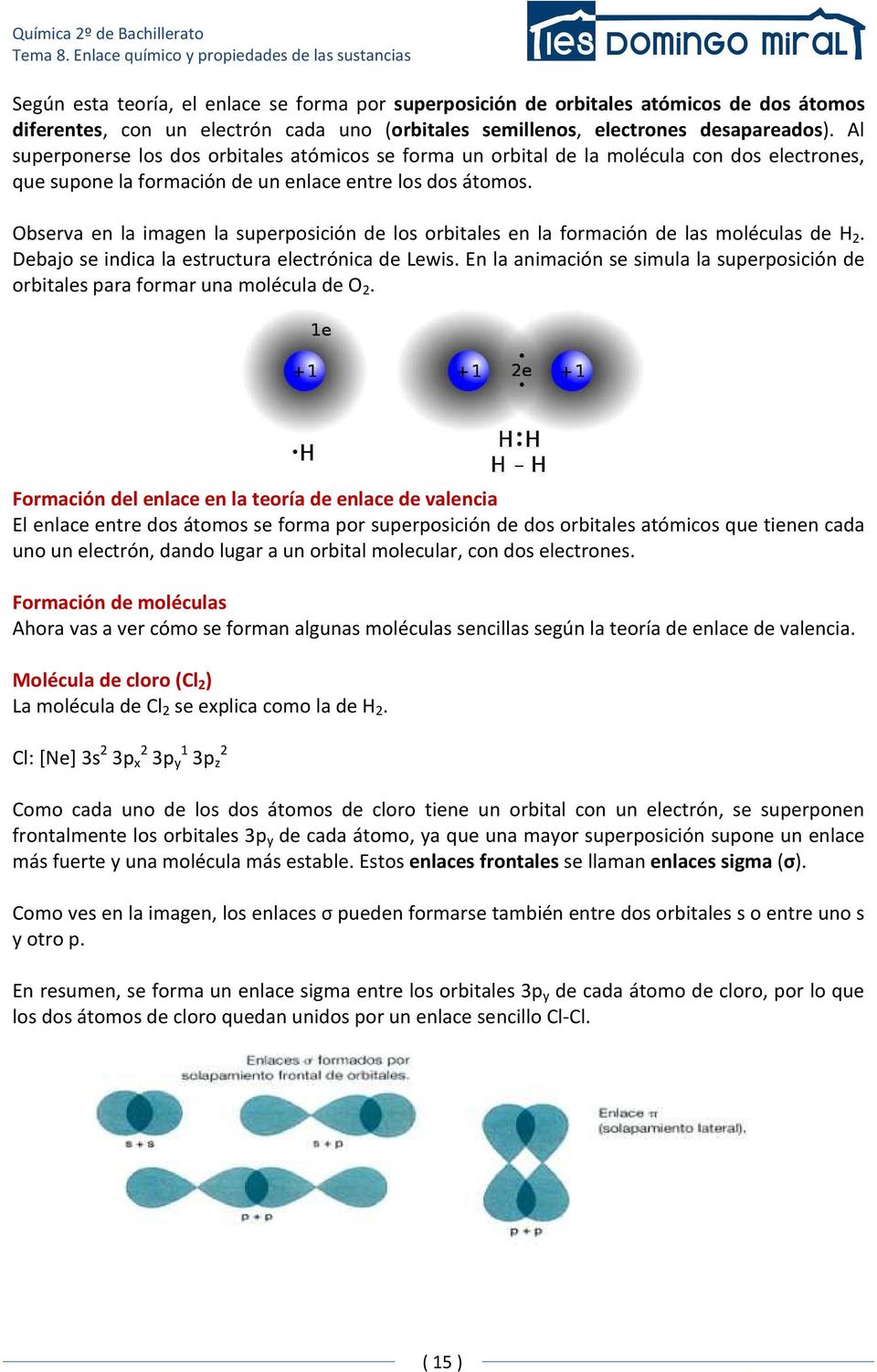 Observa en la imagen la superposición de los orbitales en la formación de las moléculas de H 2. Debajo se indica la estructura electrónica de Lewis.