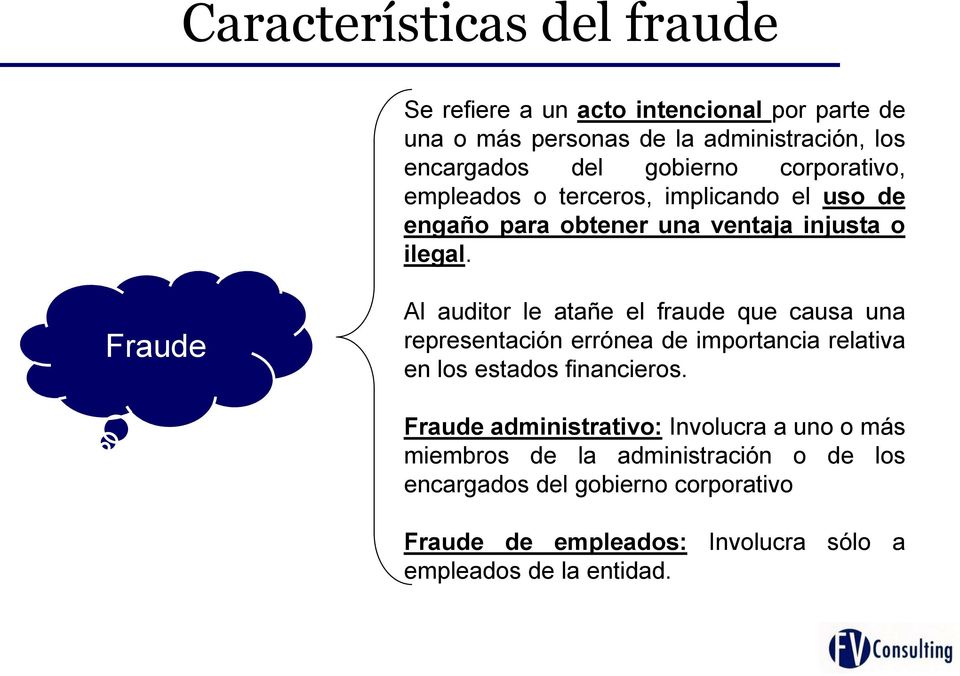 Fraude Al auditor le atañe el fraude que causa una representación errónea de importancia relativa en los estados financieros.
