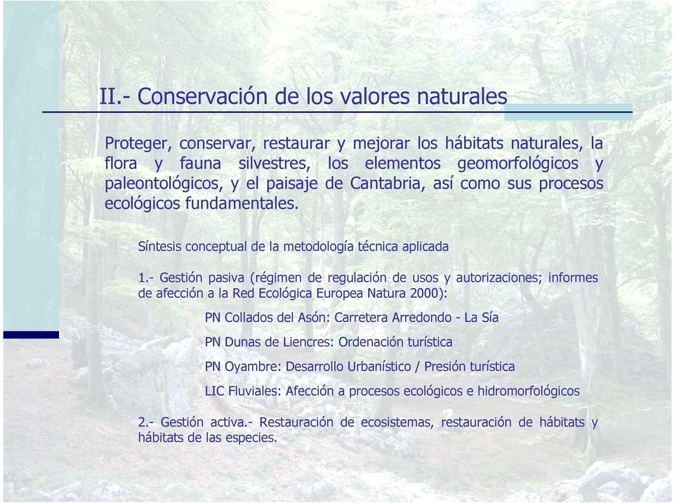 - Gestión pasiva (régimen de regulación de usos y autorizaciones; informes de afección a la Red Ecológica Europea Natura 2000): PN Collados del Asón: Carretera Arredondo - La Sía PN Dunas de