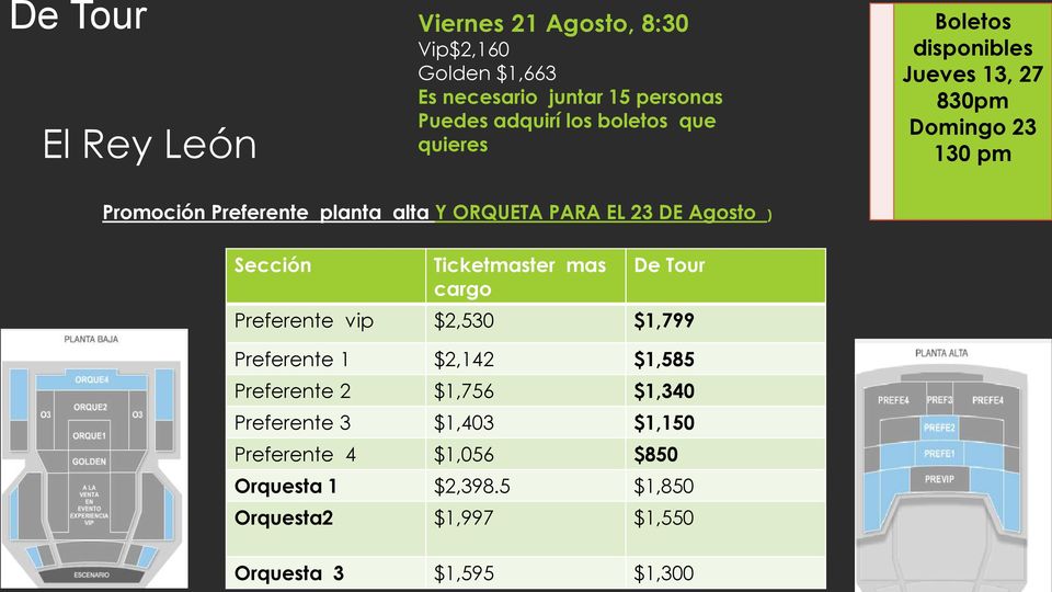 Agosto ) Sección Ticketmaster mas cargo De Tour Preferente vip $2,530 $1,799 Preferente 1 $2,142 $1,585 Preferente 2 $1,756