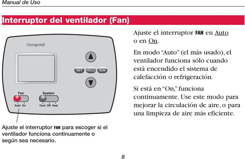 En modo Auto (el más usado), el ventilador funciona sólo cuando está encendido el sistema de calefacción o