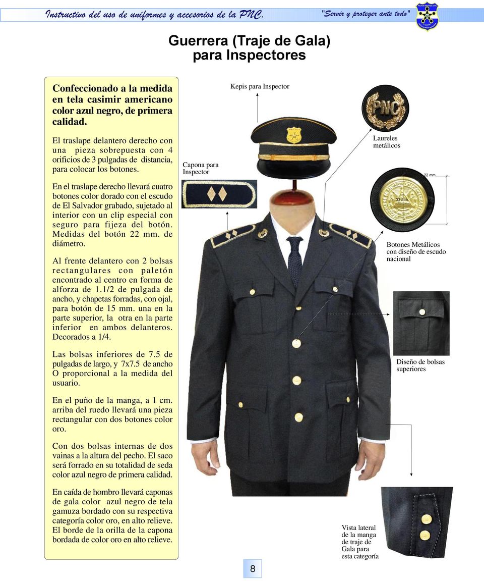 Capona para Inspector En el traslape derecho llevará cuatro botones color dorado con el escudo de El Salvador grabado, sujetado al interior con un clip especial con seguro para fijeza del botón.