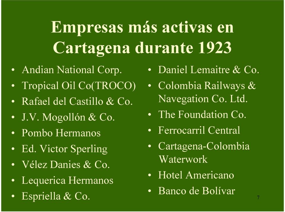 Victor Sperling Vélez Danies & Co. Lequerica Hermanos Espriella & Co. Daniel Lemaitre & Co.