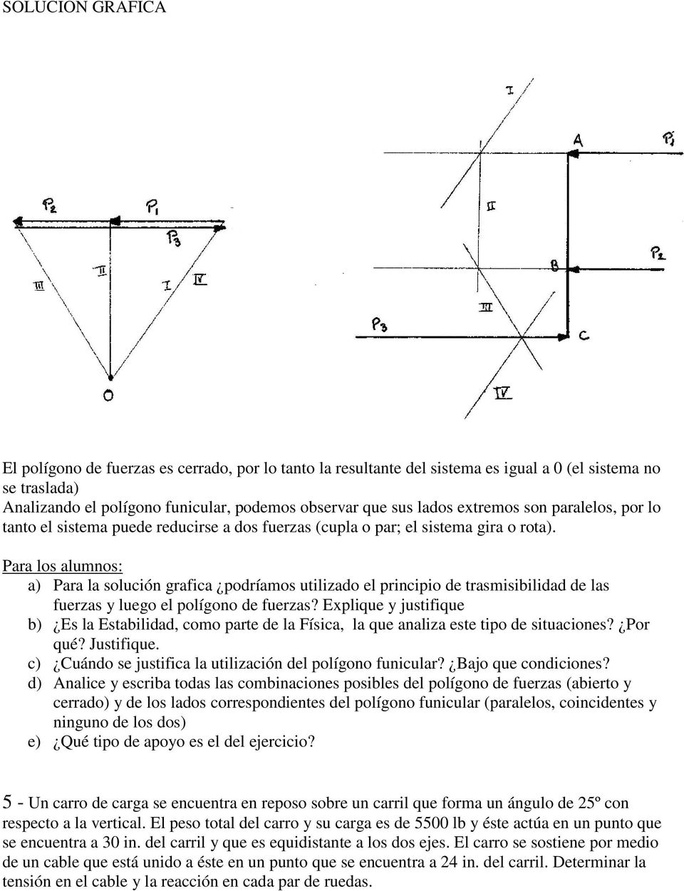 Para los alumnos: a) Para la solución grafica podríamos utilizado el principio de trasmisibilidad de las fuerzas y luego el polígono de fuerzas?