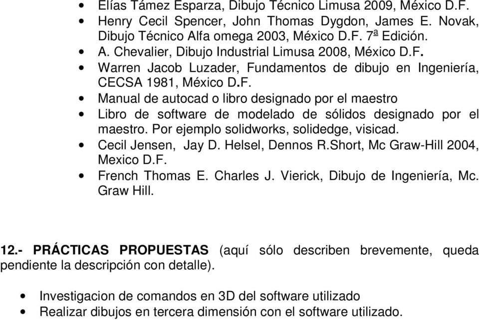 Por ejemplo solidworks, solidedge, visicad. Cecil Jensen, Jay D. Helsel, Dennos R.Short, Mc Graw-Hill 2004, Mexico D.F. French Thomas E. Charles J. Vierick, Dibujo de Ingeniería, Mc. Graw Hill. 12.