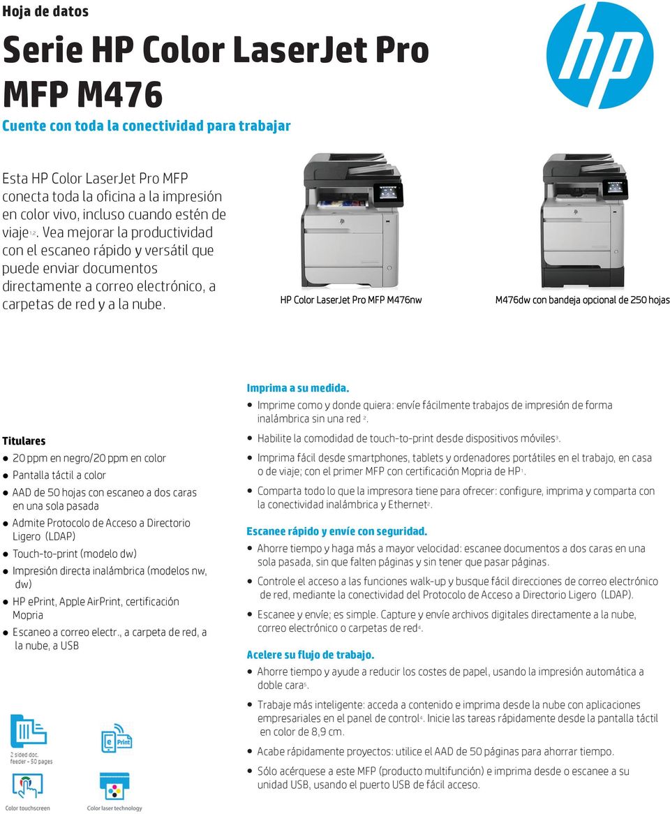 HP Color LaserJet Pro MFP M476nw M476dw con bandeja opcional de 250 hojas Titulares 20 ppm en negro/20 ppm en color Pantalla táctil a color AAD de 50 hojas con escaneo a dos caras en una sola pasada