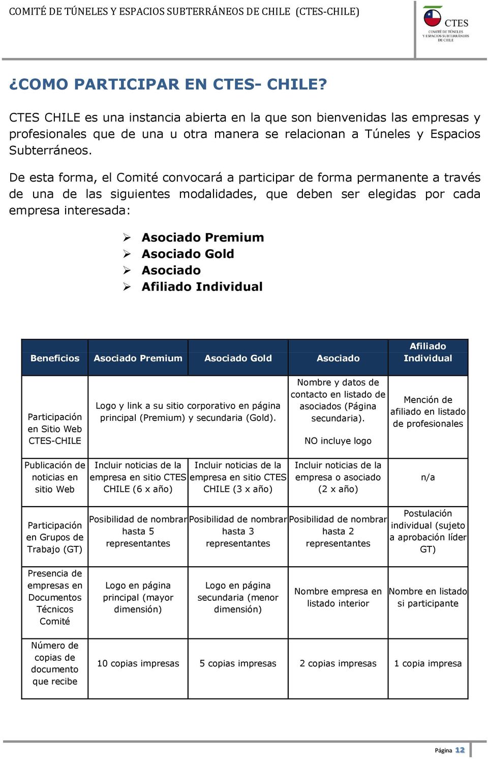 Asociado Afiliado Individual Beneficios Asociado Premium Asociado Gold Asociado Afiliado Individual Participación en Sitio Web CTES-CHILE Logo y link a su sitio corporativo en página principal