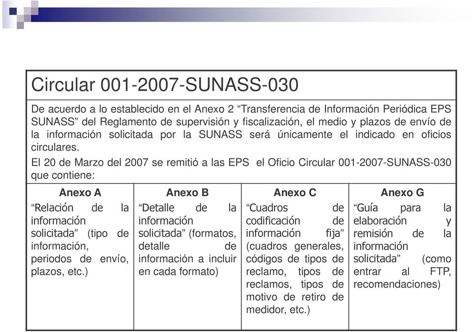 El 20 de Marzo del 2007 se remitió a las EPS el Oficio Circular 001-2007-SUNASS-030 que contiene: Anexo A Anexo B Anexo C (tipo de (formatos, información, detalle de