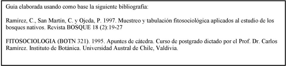 Revista BOSQUE 18 (2):19-27 FITOSOCIOLOGIA (BOTN 321). 1995. Apuntes de cátedra.