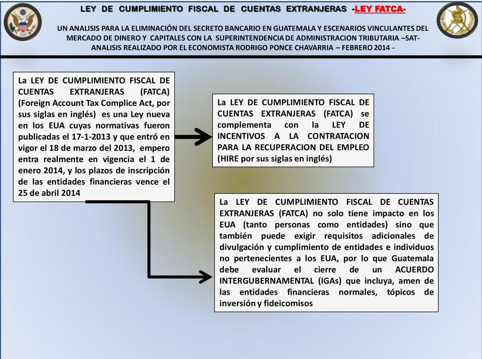 CUMPLIMIENTO FISCAL DE CUENTAS EXTRANJERAS (FATCA) se complementa con la LEY DE INCENTIVOS A LA CONTRATACION PARA LA RECUPERACION DEL EMPLEO (HIRE por sus siglas en inglés) La LEY DE CUMPLIMIENTO