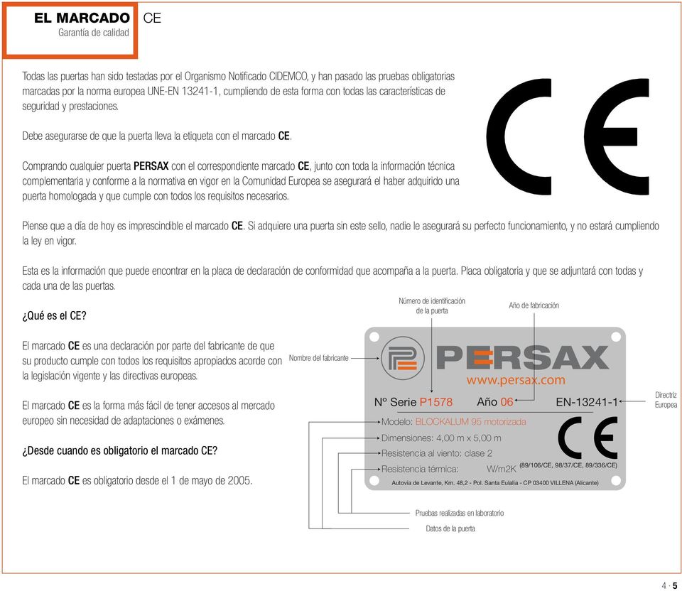 Comprando cualquier puerta PERSAX con el correspondiente marcado CE, junto con toda la información técnica complementaria y conforme a la normativa en vigor en la Comunidad Europea se asegurará el
