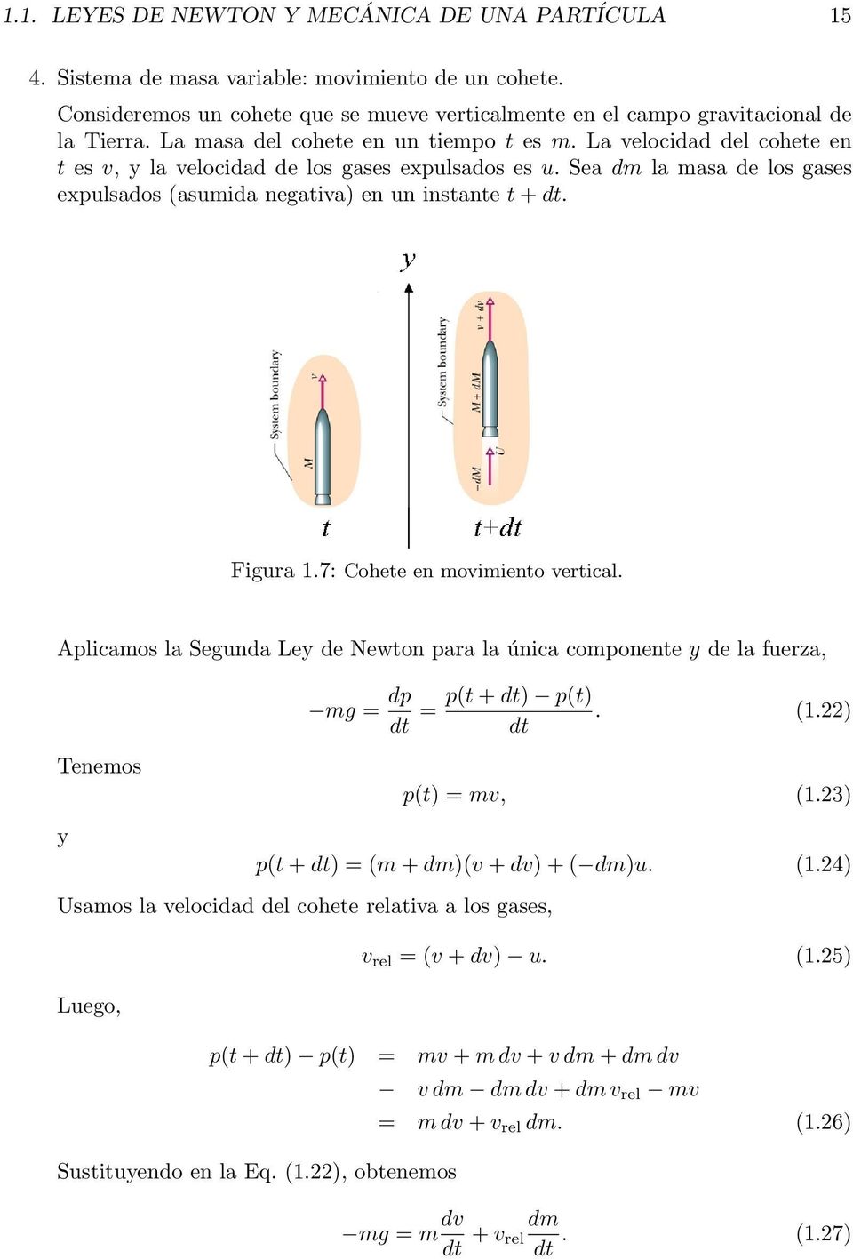Figura 1.7: Cohete en movimiento vertical. Aplicamos la Segunda Ley de Newton para la única componente y de la fuerza, mg = dp dt p(t + dt) p(t) =. (1.22) dt Tenemos y p(t) = mv, (1.
