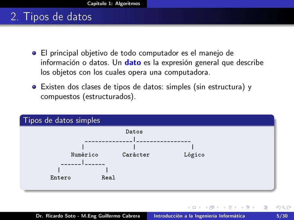 Existen dos clases de tipos de datos: simples (sin estructura) y compuestos (estructurados).
