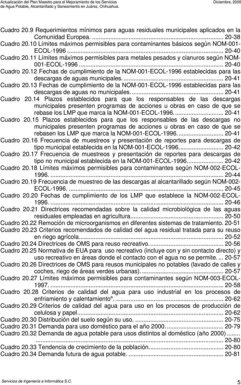 .. 20-40 Cuadro 20.12 Fechas de cumplimiento de la NOM-001-ECOL-1996 establecidas para las descargas de aguas municipales.... 20-41 Cuadro 20.