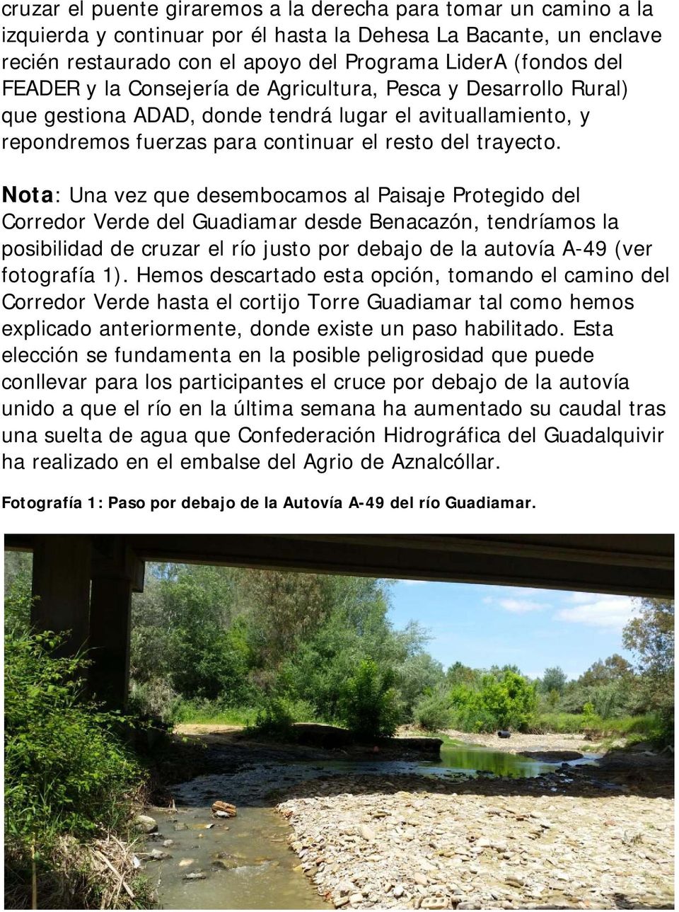 Nota: Una vez que desembocamos al Paisaje Protegido del Corredor Verde del Guadiamar desde Benacazón, tendríamos la posibilidad de cruzar el río justo por debajo de la autovía A-49 (ver fotografía 1).