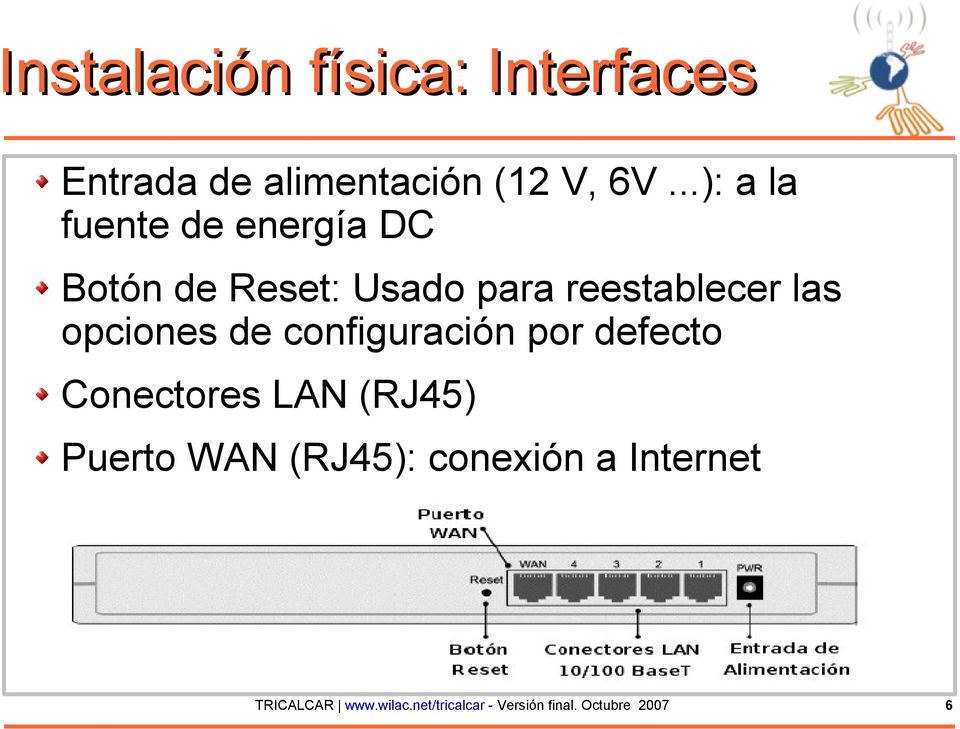 opciones de configuración por defecto Conectores LAN (RJ45) Puerto WAN