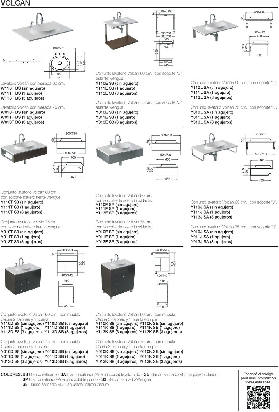 W010F BS (sin agujero) W011F BS (1 agujero) W013F BS (3 agujeros) Conjunto lavatorio Volcán 60 cm., con soporte C estante wengue.