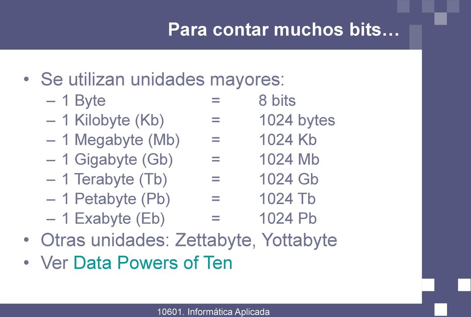 1024 Mb 1 Terabyte (Tb) = 1024 Gb 1 Petabyte (Pb) = 1024 Tb 1 Exabyte