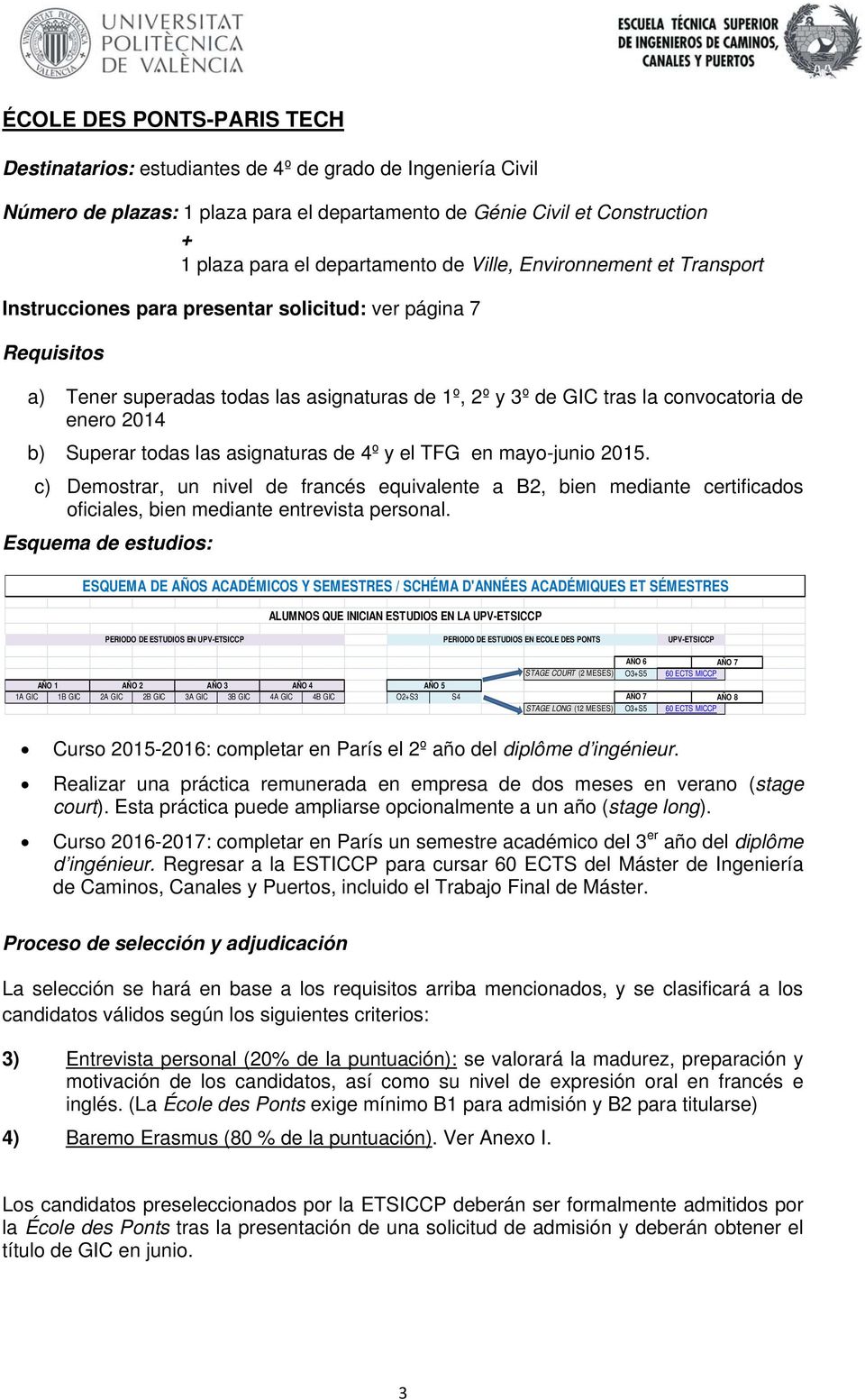 b) Superar todas las asignaturas de 4º y el TFG en mayo-junio 2015. c) Demostrar, un nivel de francés equivalente a B2, bien mediante certificados oficiales, bien mediante entrevista personal.