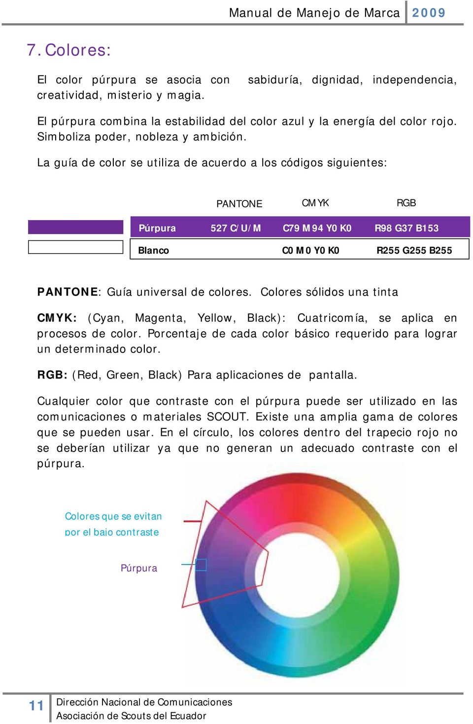 La guía de color se utiliza de acuerdo a los códigos siguientes: PANTONE CMYK RGB Púrpura 527 C/U/M C79 M94 Y0 K0 R98 G37 B153 Blanco C0 M0 Y0 K0 R255 G255 B255 PANTONE: Guía universal de colores.
