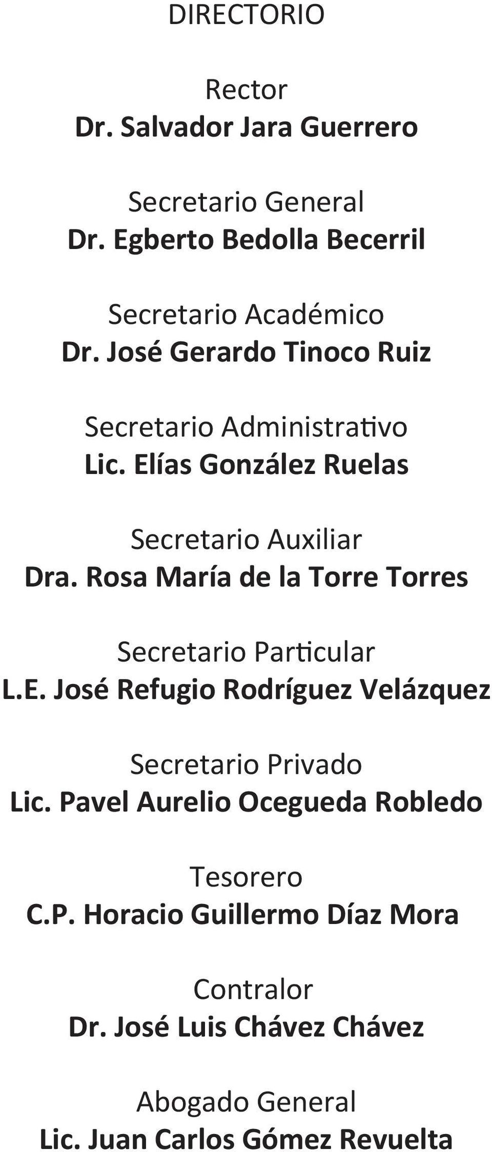 Rosa María de la Torre Torres Secretario Particular L.E. José Refugio Rodríguez Velázquez Secretario Privado Lic.