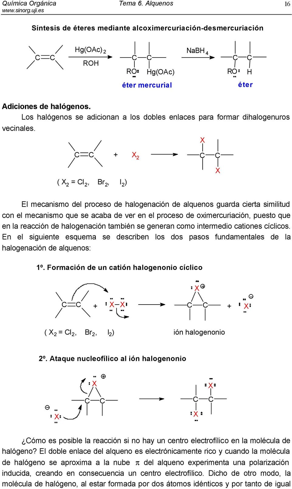 X + X 2 ( X 2 = l 2, 2, I 2 ) X El mecanismo del proceso de halogenación de alquenos guarda cierta similitud con el mecanismo que se acaba de ver en el proceso de oximercuriación, puesto que en la