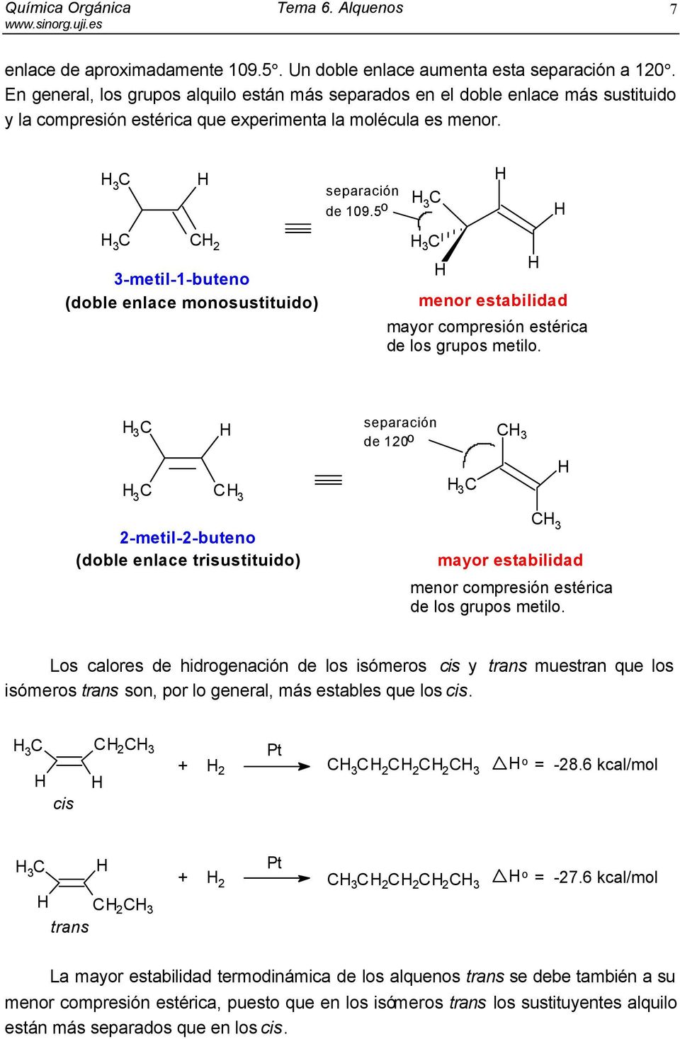 3 3-metil-1-buteno (doble enlace monosustituido) 3 2 separación de 109.5 o 3 3 menor estabilidad mayor compresión estérica de los grupos metilo.