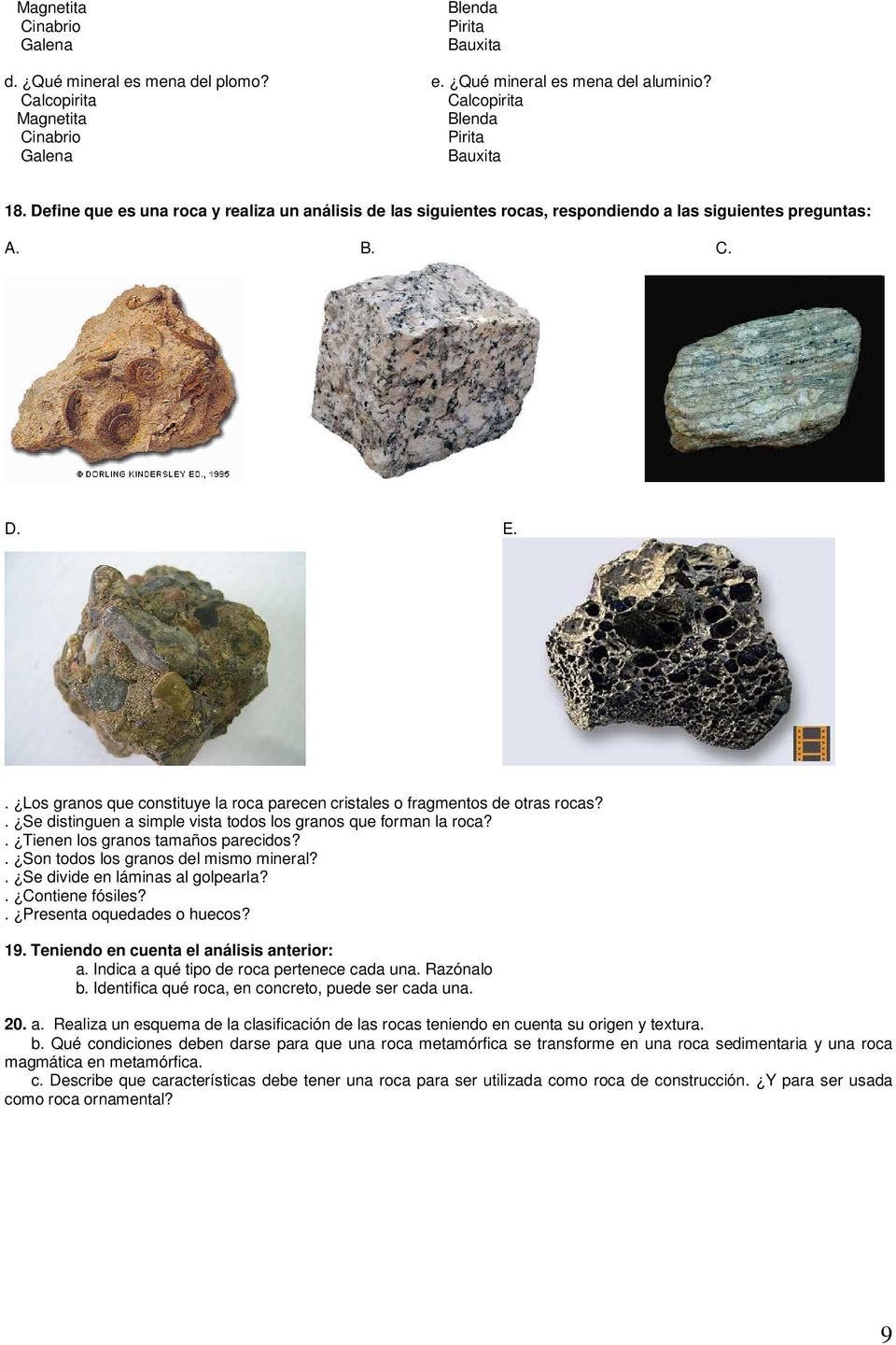 . Los granos que constituye la roca parecen cristales o fragmentos de otras rocas?. Se distinguen a simple vista todos los granos que forman la roca?. Tienen los granos tamaños parecidos?