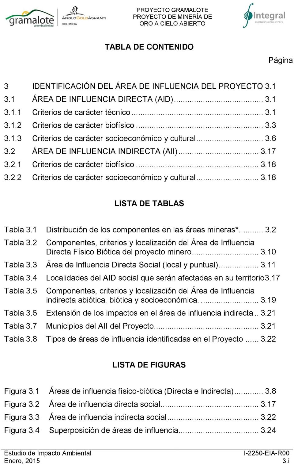 .. 3.18 LISTA DE TABLAS Tabla 3.1 Distribución de los componentes en las áreas mineras*... 3.2 Tabla 3.