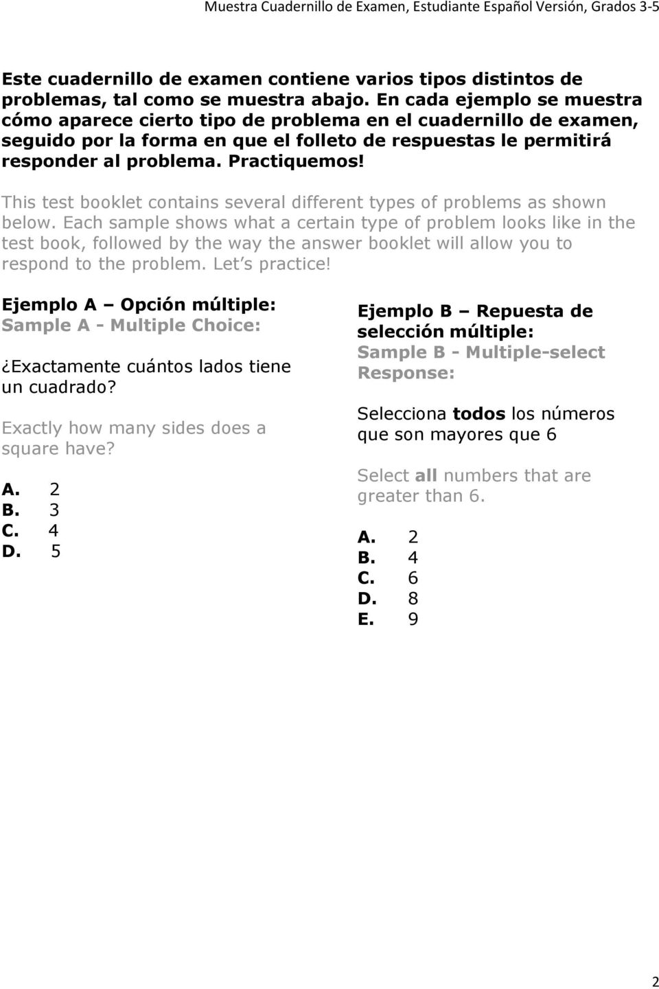 This test booklet contains several different types of problems as shown below.