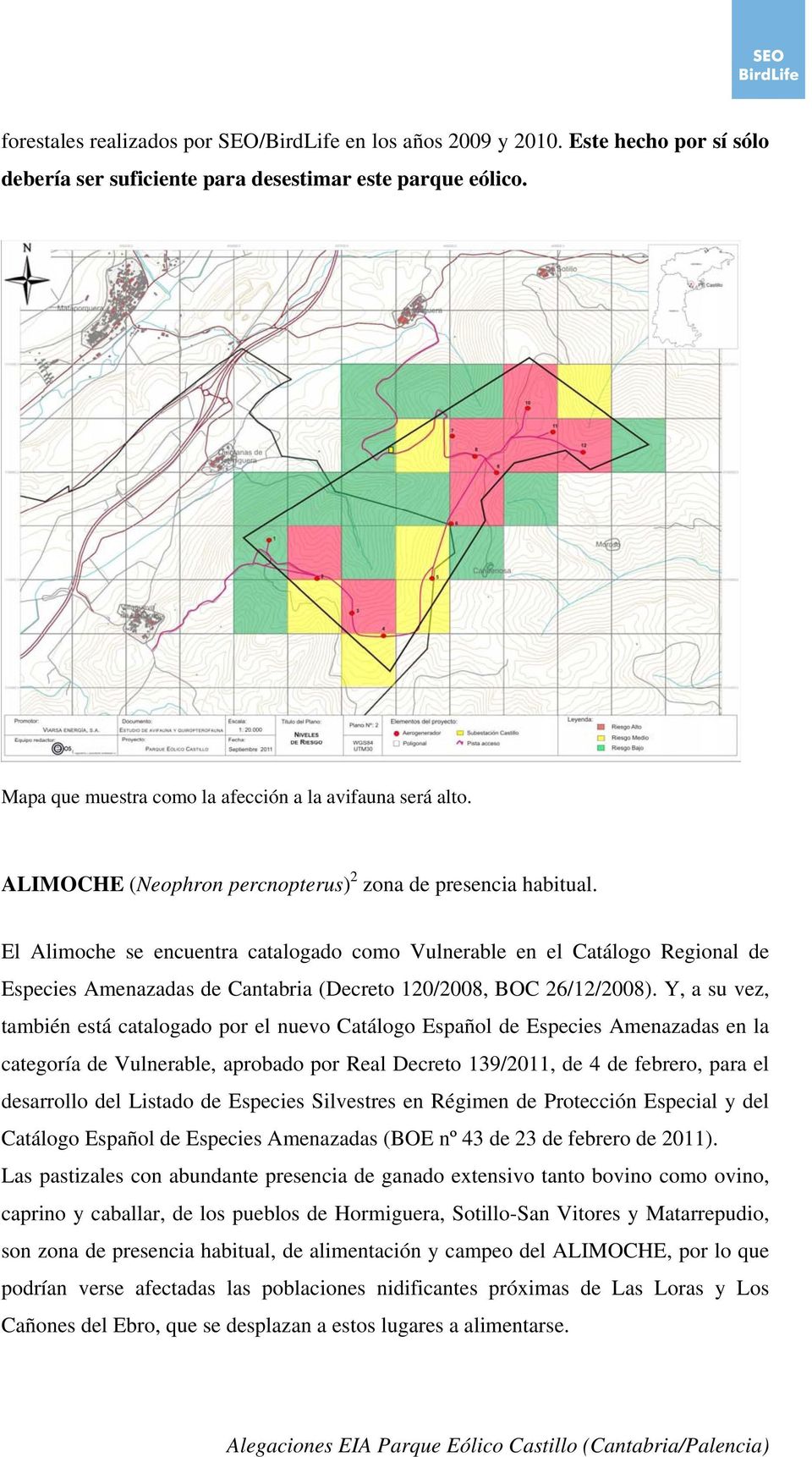 El Alimoche se encuentra catalogado como Vulnerable en el Catálogo Regional de Especies Amenazadas de Cantabria (Decreto 120/2008, BOC 26/12/2008).