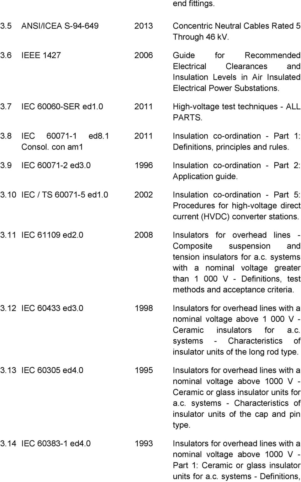 0 1996 Insulation co-ordination - Part 2: Application guide. 3.10 IEC / TS 60071-5 ed1.0 2002 Insulation co-ordination - Part 5: Procedures for high-voltage direct current (HVDC) converter stations.