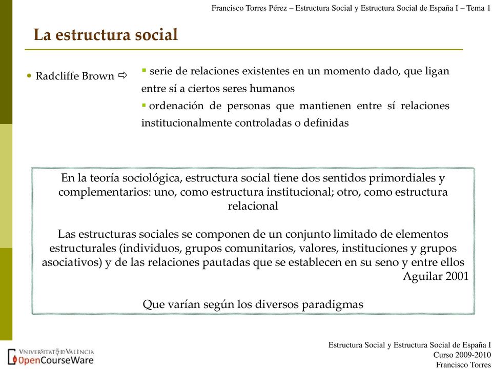 estructura institucional; otro, como estructura relacional Las estructuras sociales se componen de un conjunto limitado de elementos estructurales (individuos, grupos