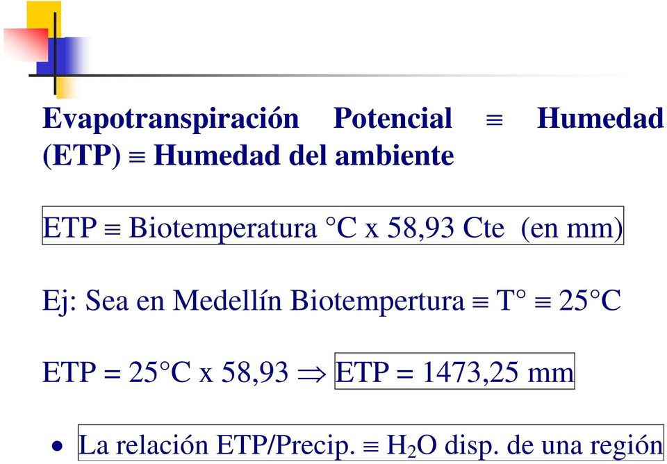 en Medellín Biotempertura T 25 C ETP = 25 C x 58,93 ETP =