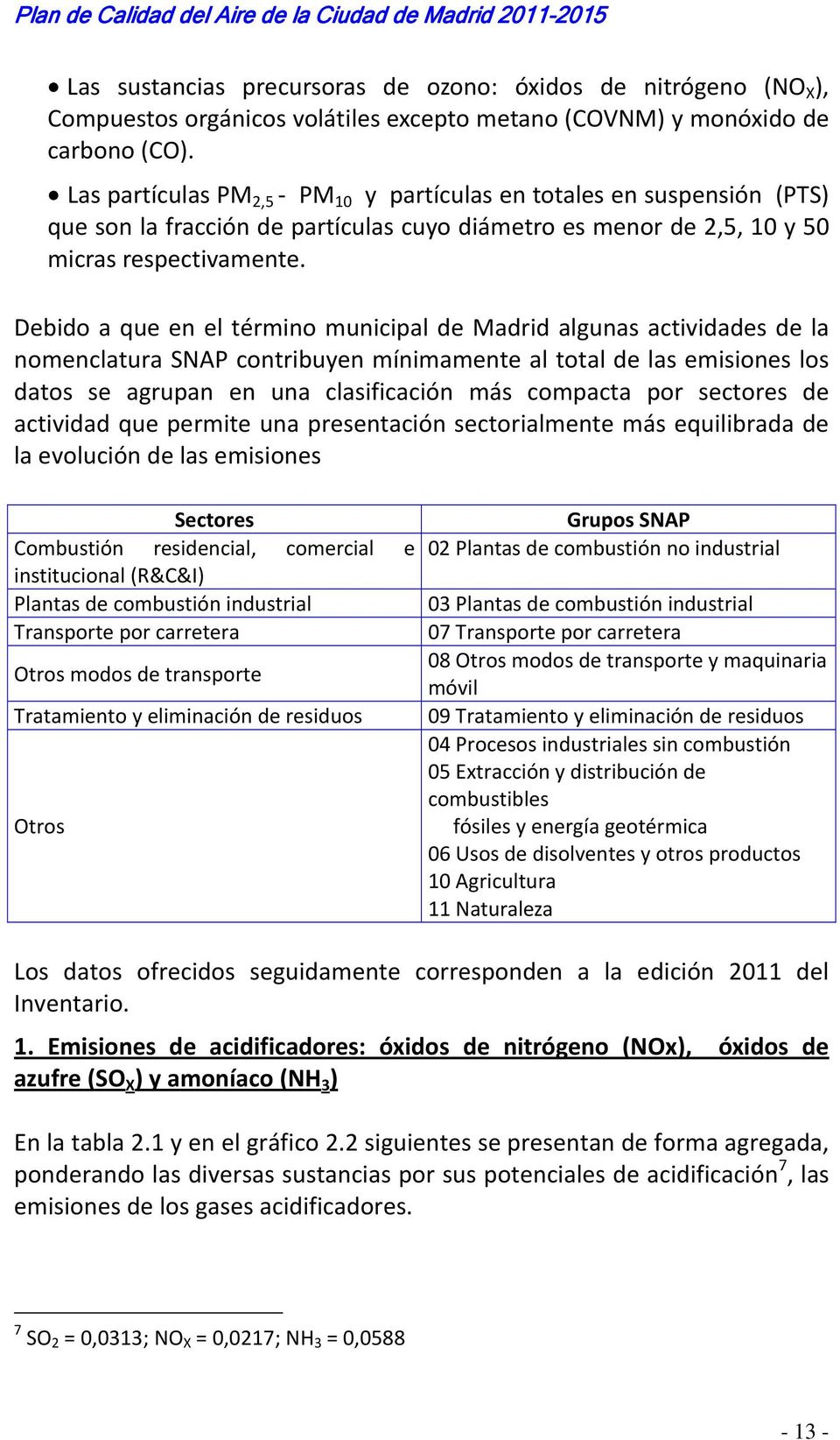 Debido a que en el término municipal de Madrid algunas actividades de la nomenclatura SNAP contribuyen mínimamente al total de las emisiones los datos se agrupan en una clasificación más compacta por