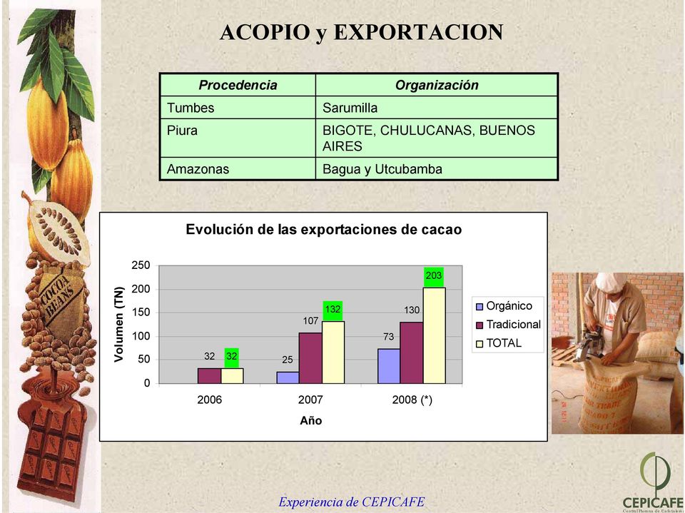 Evolución de las exportaciones de cacao Volumen (TN) 250 200 150 100
