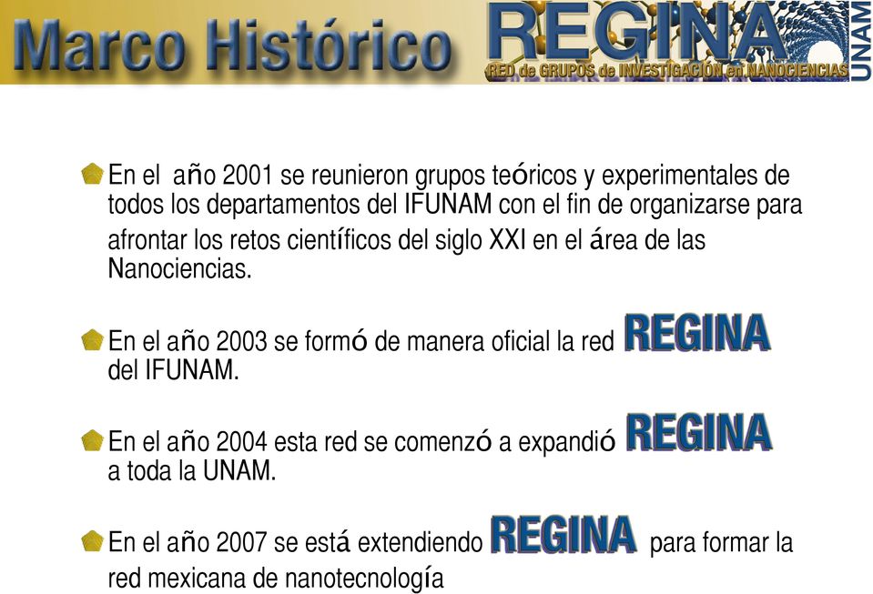 En el año 2003 se formó de manera oficial la red REGINA del IFUNAM.