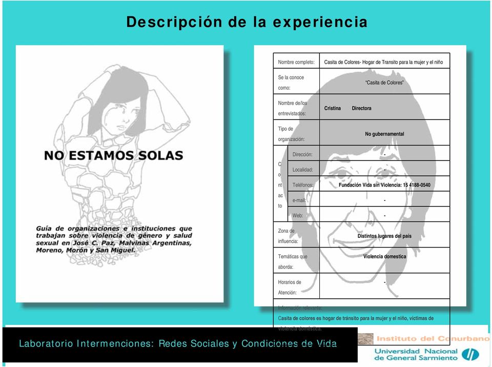 instituciones que trabajan sobre violencia de género y salud sexual en José C. Paz, Malvinas Argentinas, Moreno, Morón y San Miguel.