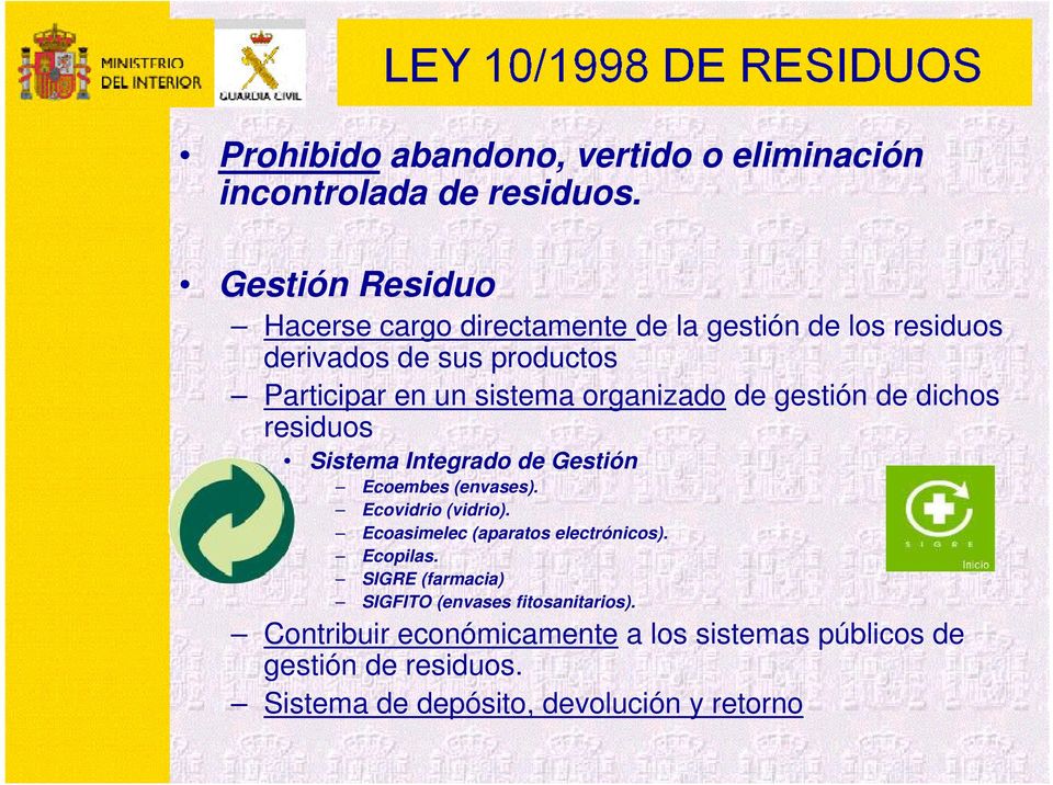 organizado de gestión de dichos residuos Sistema Integrado de Gestión Ecoembes (envases). Ecovidrio (vidrio).