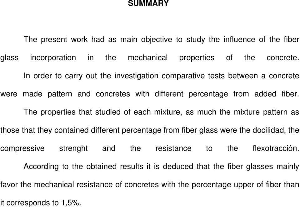 The properties that studied of each mixture, as much the mixture pattern as those that they contained different percentage from fiber glass were the docilidad, the compressive