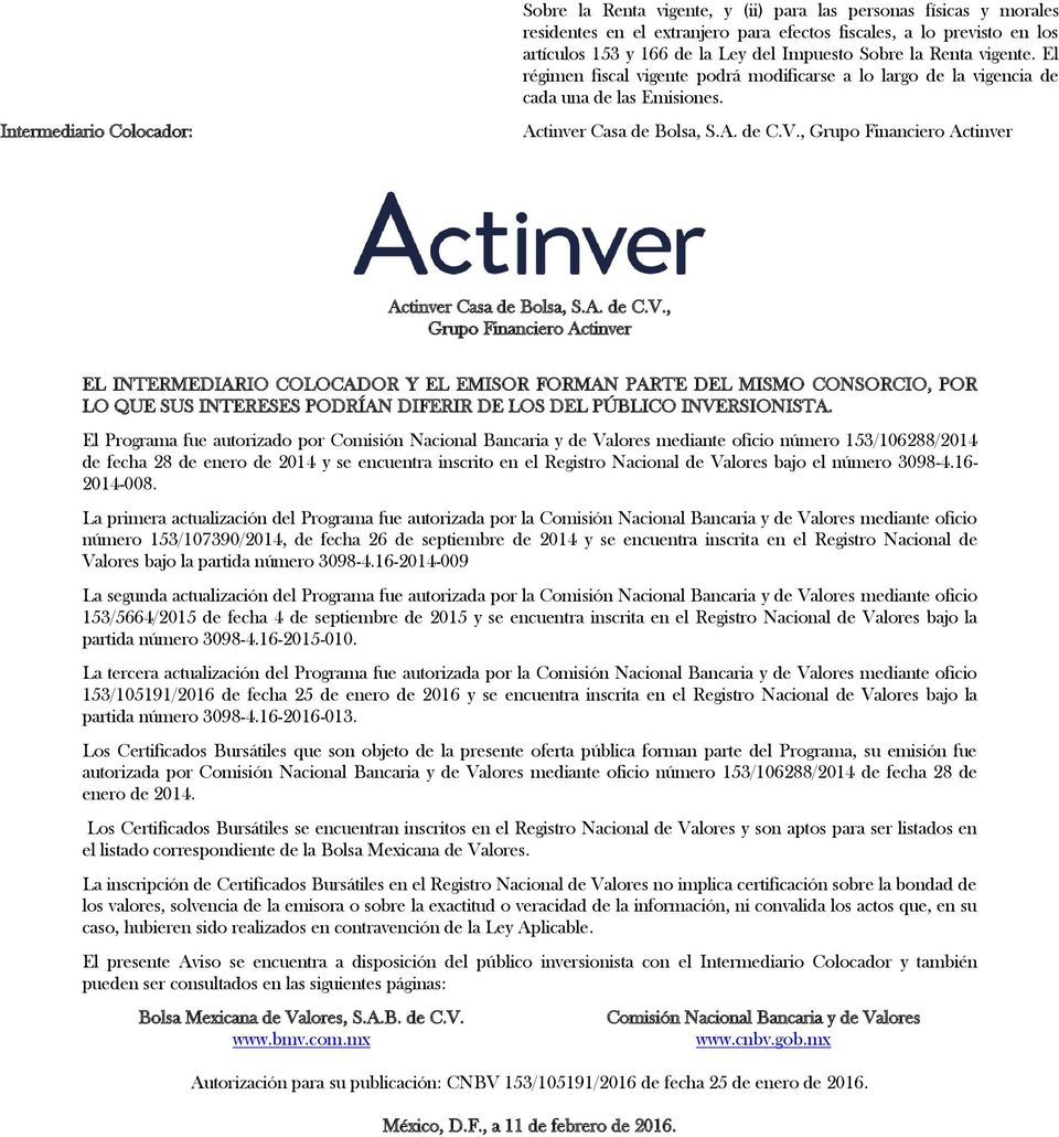, Grupo Financiero Actinver Actinver Casa de Bolsa, S.A. de C.V.