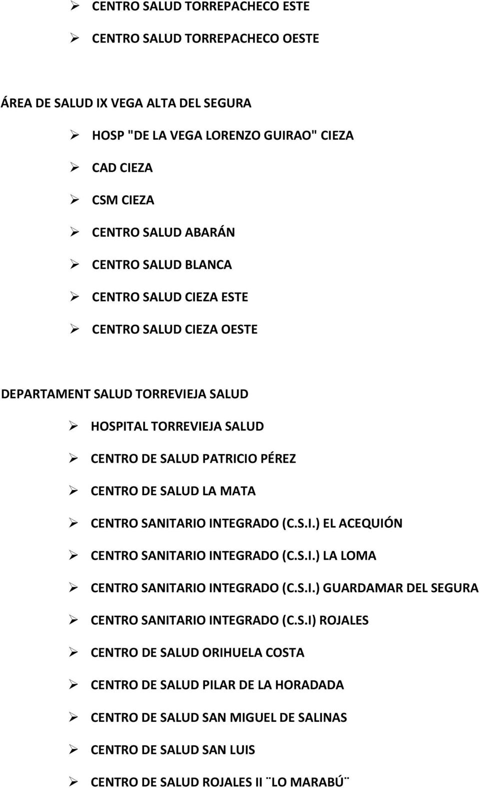 MATA CENTRO SANITARIO INTEGRADO (C.S.I.) EL ACEQUIÓN CENTRO SANITARIO INTEGRADO (C.S.I.) LA LOMA CENTRO SANITARIO INTEGRADO (C.S.I.) GUARDAMAR DEL SEGURA CENTRO SANITARIO INTEGRADO (C.
