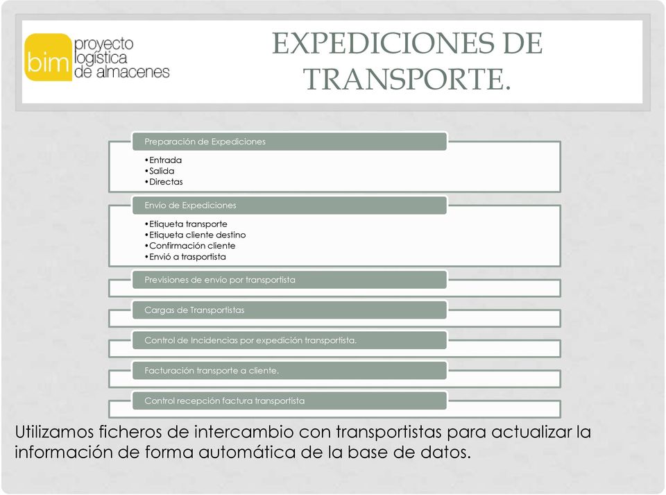 Confirmación cliente Envió a trasportista Previsiones de envío por transportista Cargas de Transportistas Control de