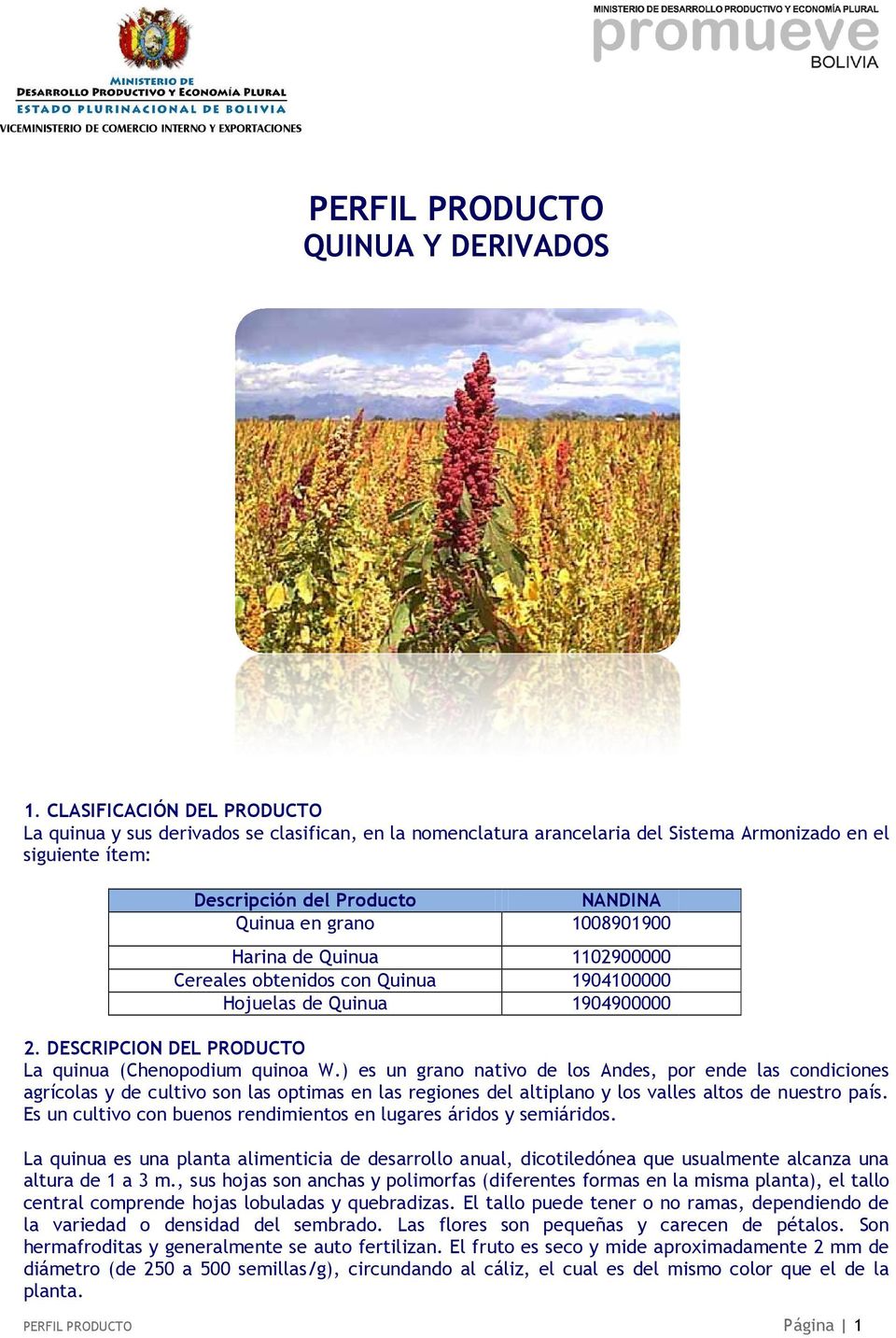 NANDINA 1008901900 Harina de Quinua Cereales obtenidos con Quinua Hojuelas de Quinua 1102900000 1904100000 1904900000 2. DESCRIPCION DEL PRODUCTO La quinua (Chenopodium quinoa W.