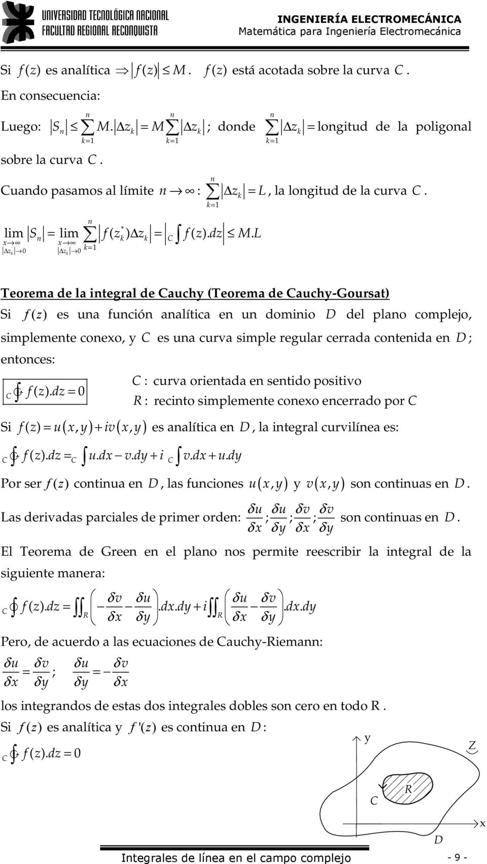 Teorema de la tegral de auch (Teorema de auch-goursat) S f ( ) es ua fucó aalítca e u domo D del plao complejo, smplemete coeo, es ua curva smple regular cerrada coteda e D ; etoces: f ( ).