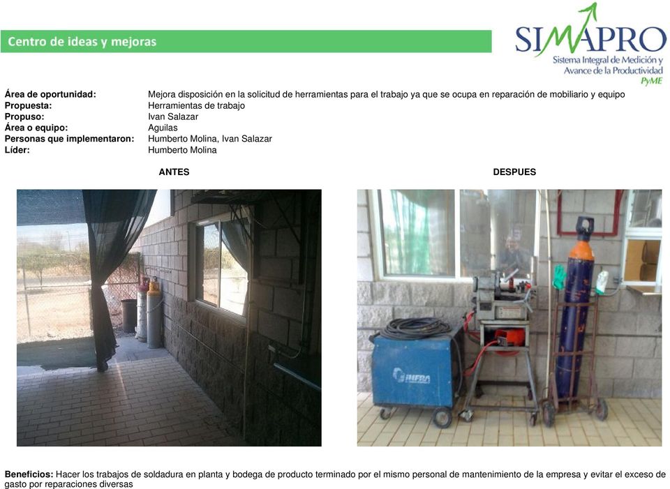 Humberto Molina Beneficios: Hacer los trabajos de soldadura en planta y bodega de producto terminado