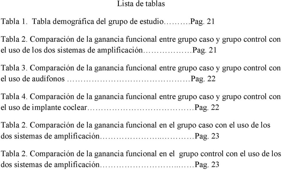 Comparación de la ganancia funcional entre grupo caso y grupo control con el uso de audífonos Pag. 22 Tabla 4.