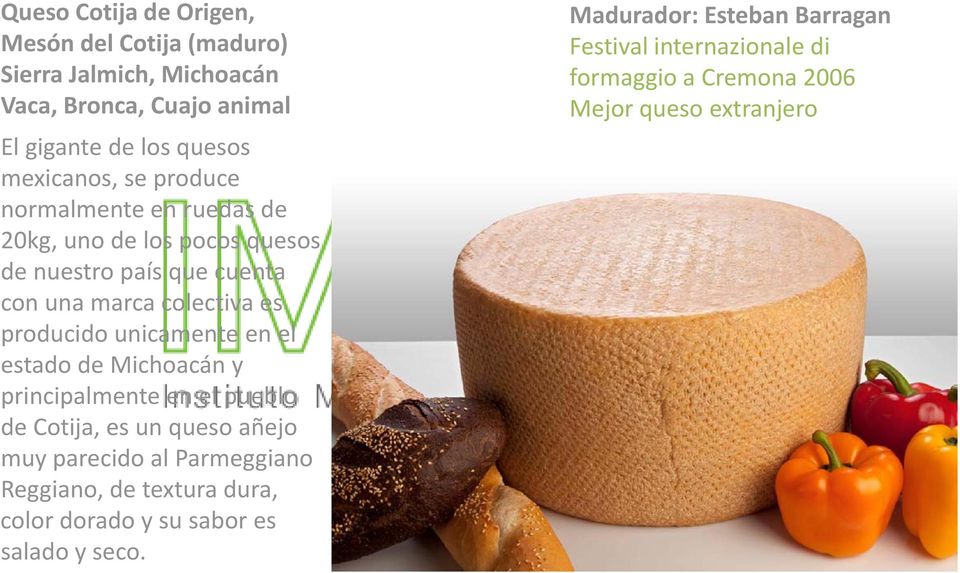 en el estado de Michoacán y principalmente en el pueblo de Cotija, es un queso añejo muy parecido al Parmeggiano Reggiano, de textura dura,